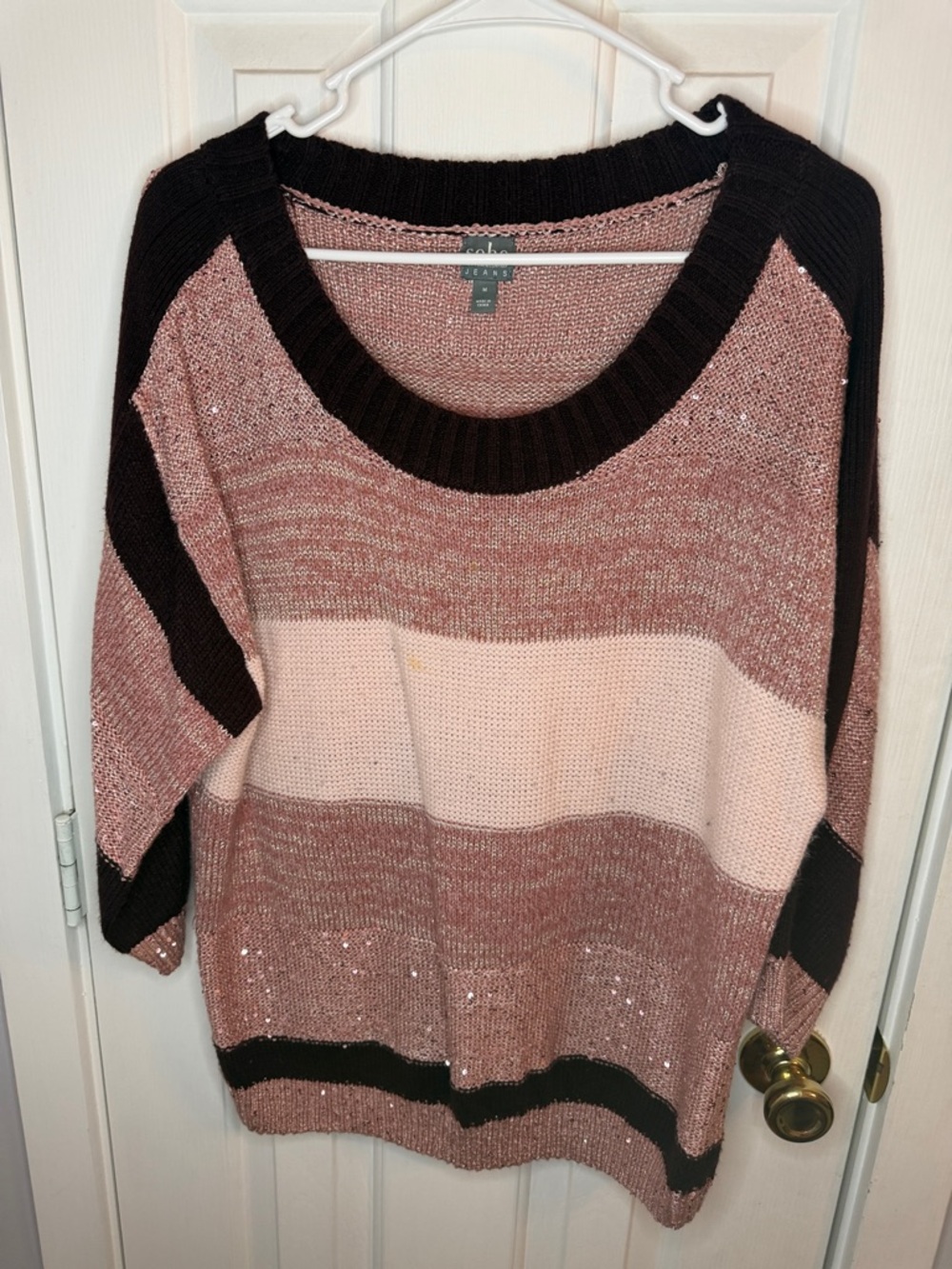 New York & Co Pink & Maroon Striped Knit 3/4 Sleeve Sweater with subtle sequins.
